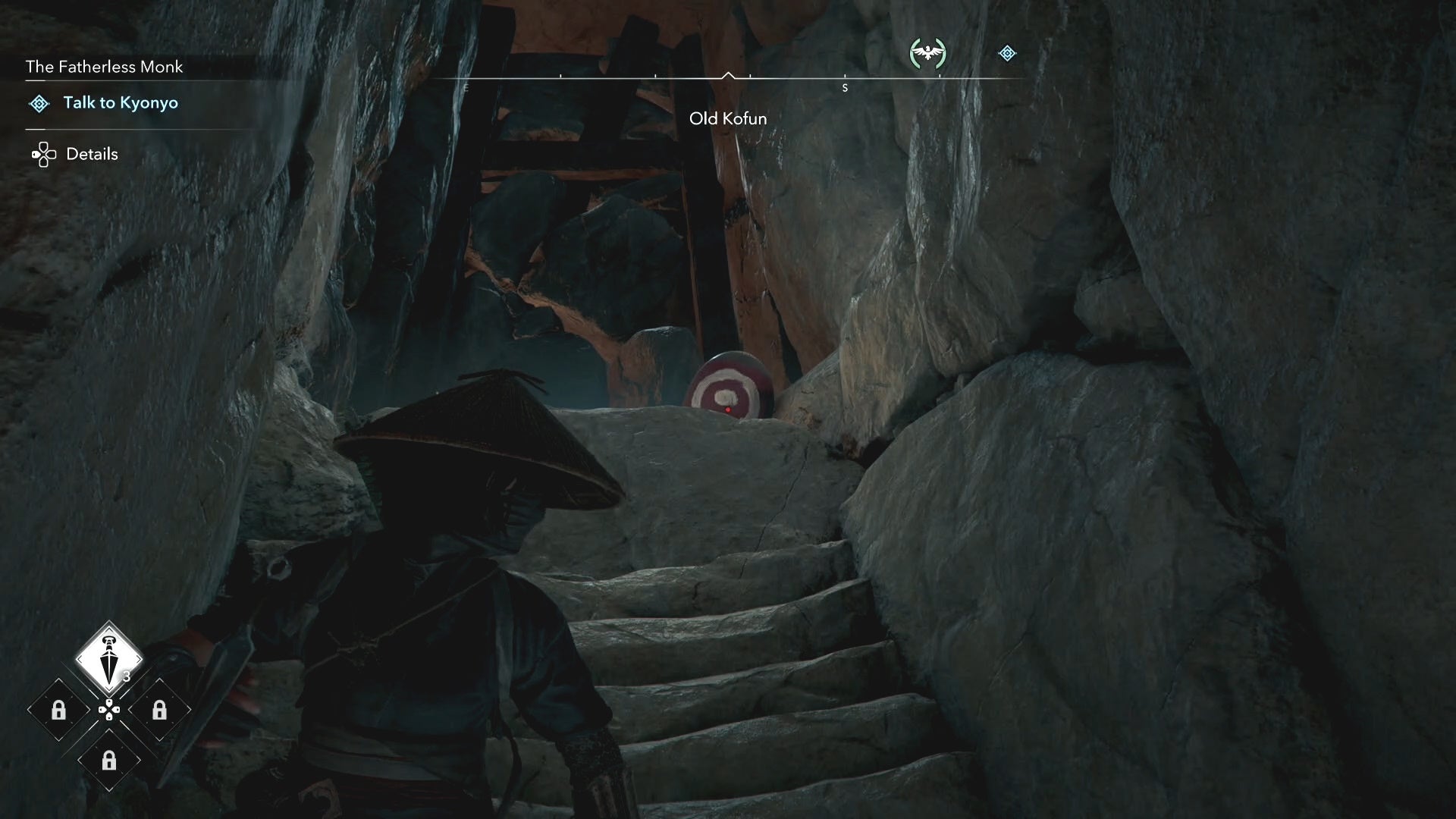 Naoe aiming at a red jar inside the Old Kofun in Assassin&rsquo;s Creed Shadows.