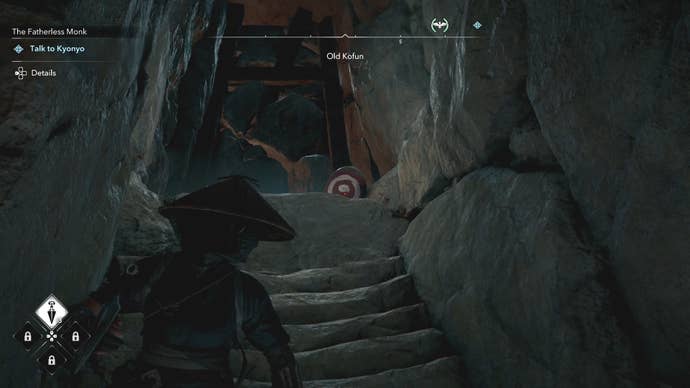 Naoe aiming at a red jar inside the Old Kofun in Assassin’s Creed Shadows.