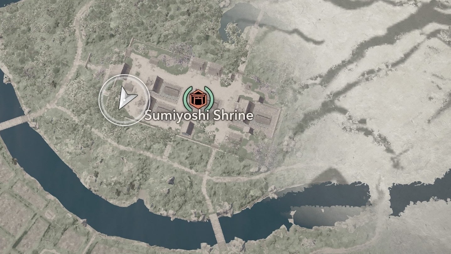 Map view of a pray location at Sumiyoshi Shrine in Assassin&rsquo;s Creed Shadows.