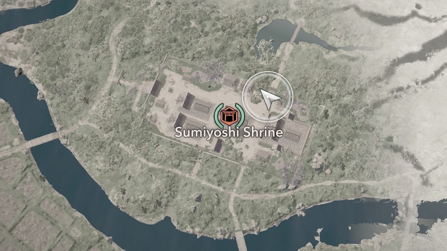 Map view of a pray location at Sumiyoshi Shrine in Assassin&rsquo;s Creed Shadows.