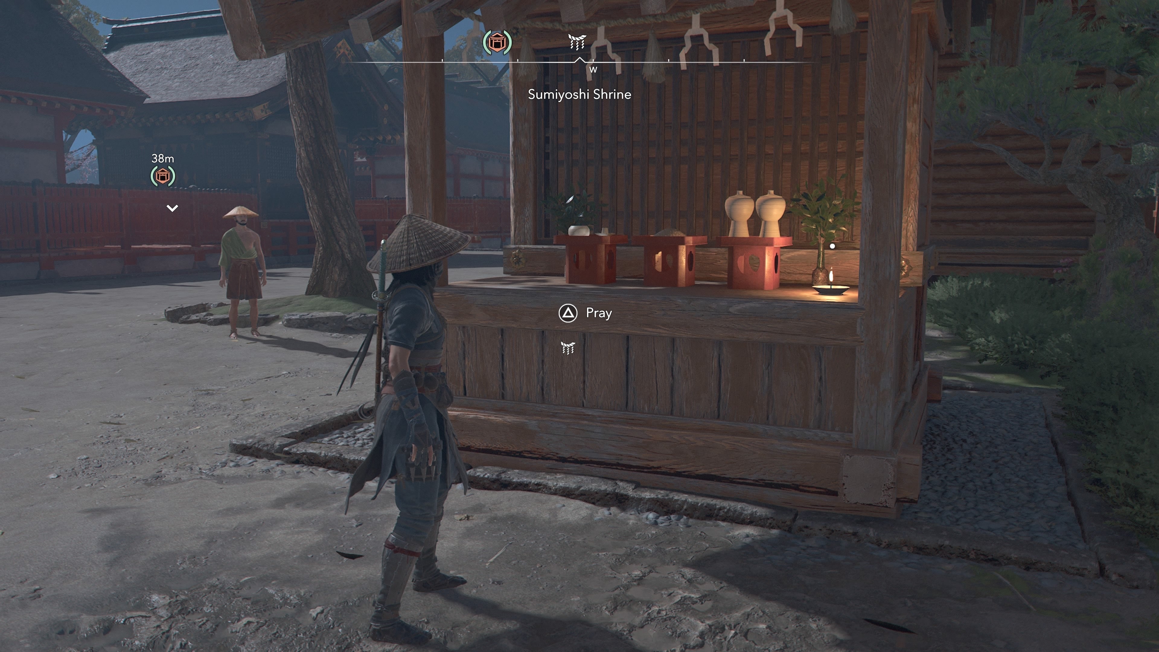 A pray location at Sumiyoshi Shrine in Assassin&rsquo;s Creed Shadows.