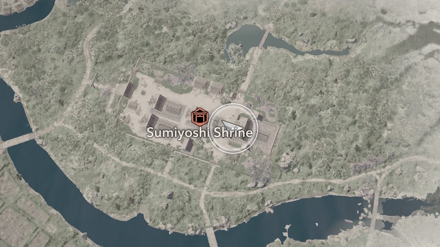 Map view of a pray location at Sumiyoshi Shrine in Assassin&rsquo;s Creed Shadows.