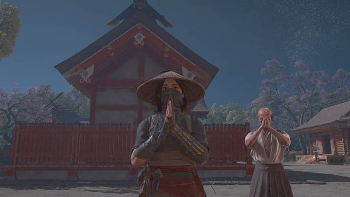 Naoe praying at a Shrine in Assassin’s Creed Shadows.