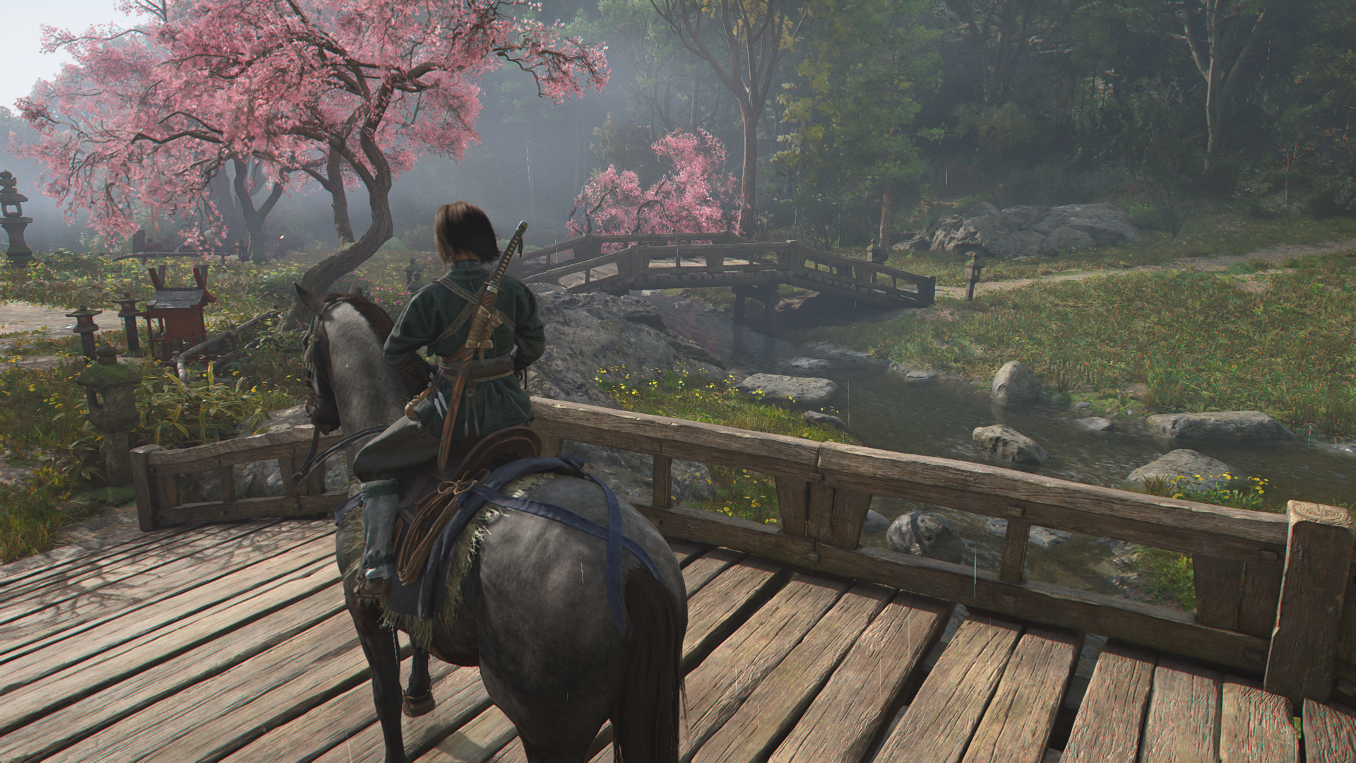 Naoe sat atop her horse in Assassin&rsquo;s Creed Shadows, with graphics set to Ultra.