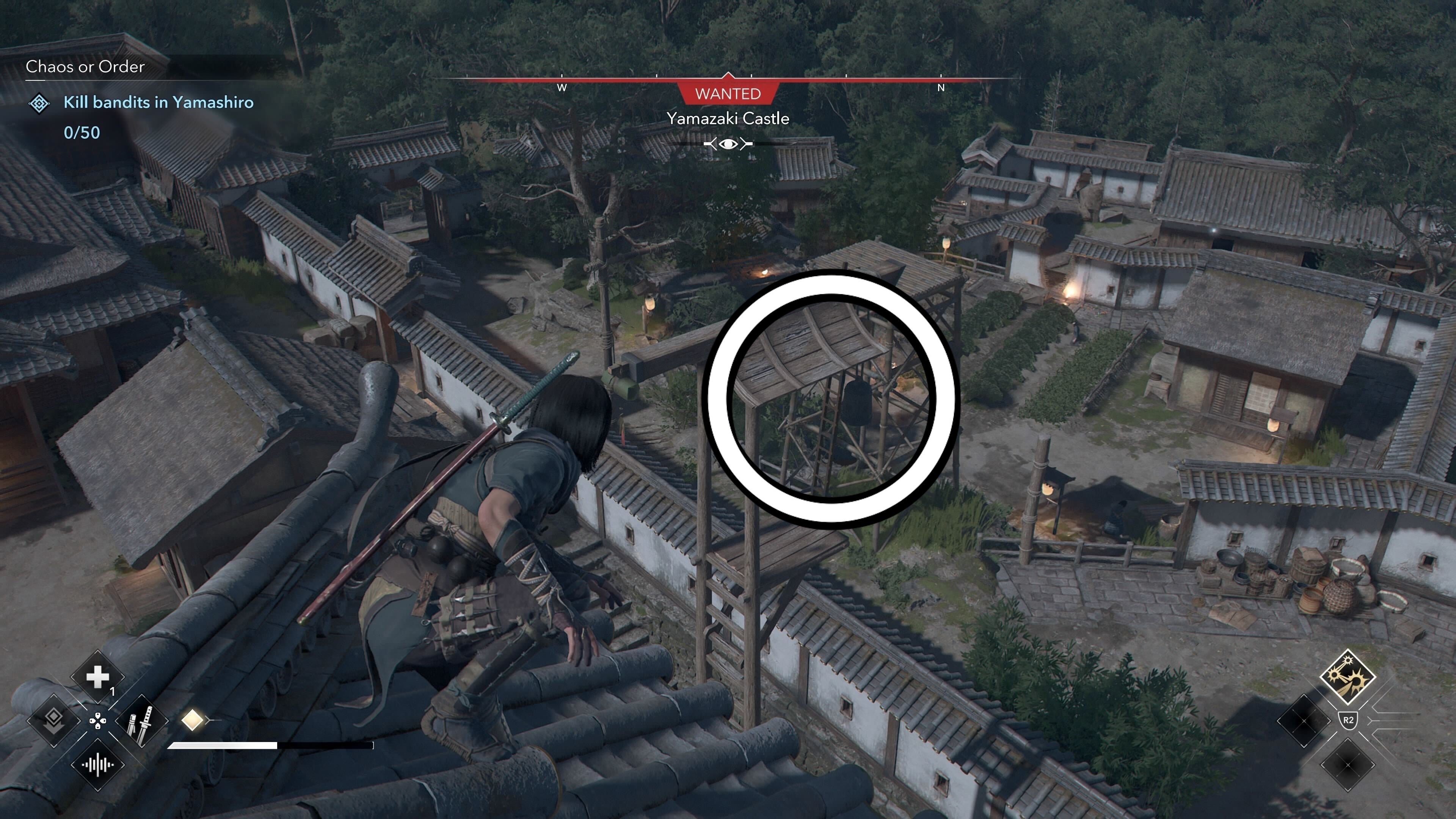 White circle showing an alarm at Yamazaki Castle in Assassin&rsquo;s Creed Shadows.
