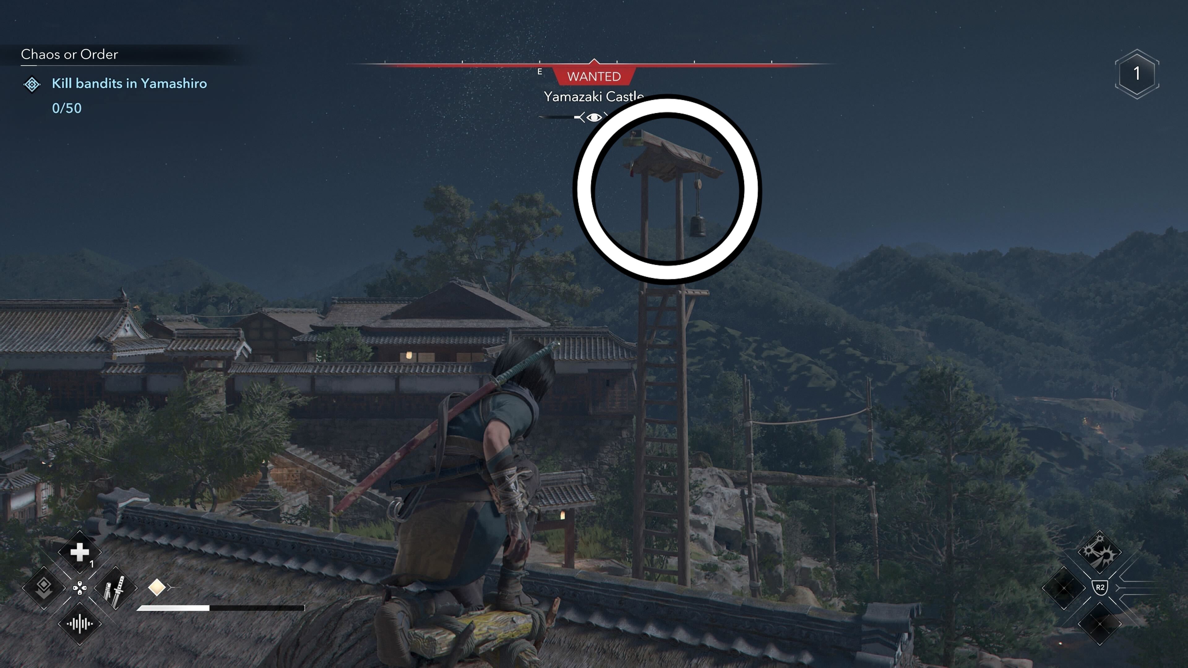 White circle showing an alarm at Yamazaki Castle in Assassin&rsquo;s Creed Shadows.