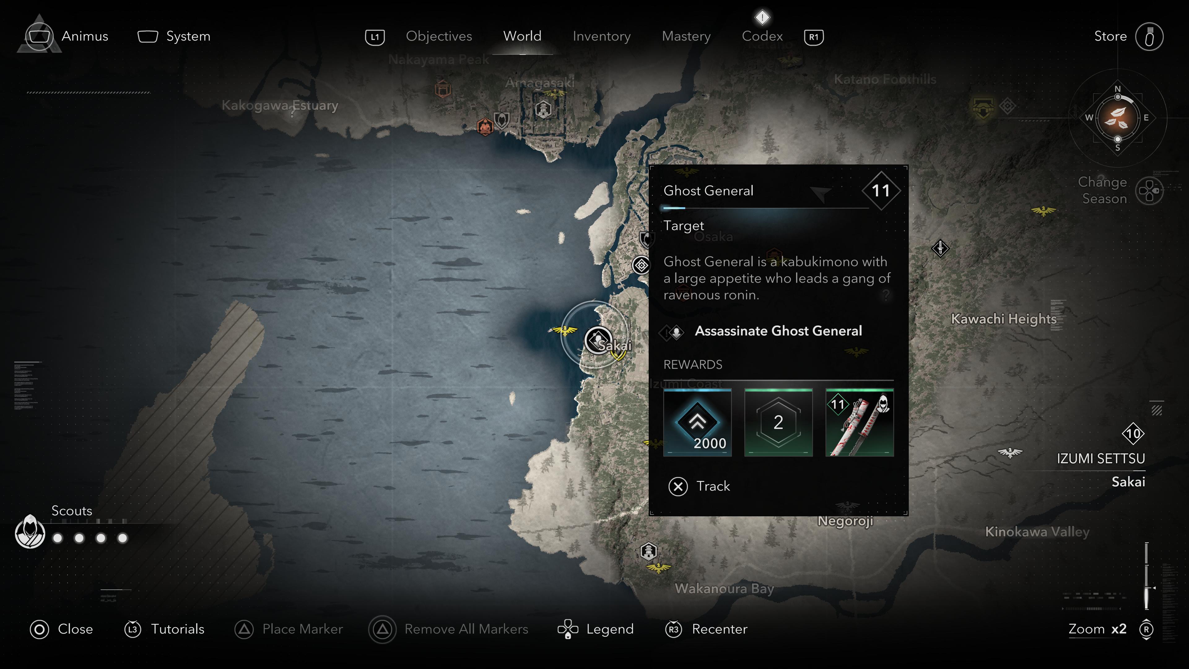 AC Shadows screenshot showing a highlighted quest marker on a map