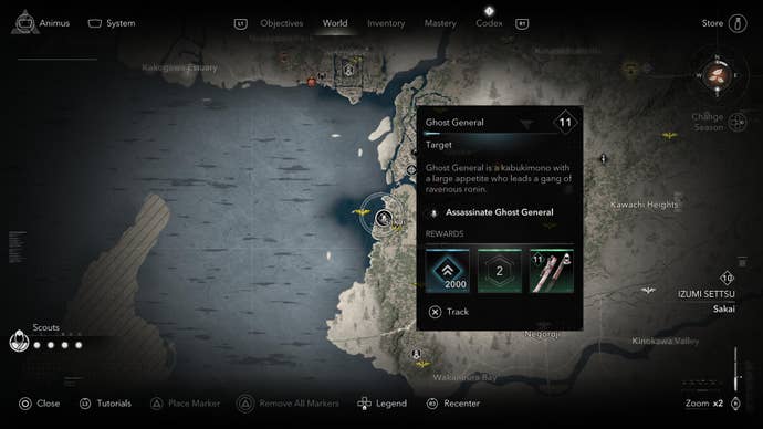 AC Shadows screenshot showing a highlighted quest marker on a map