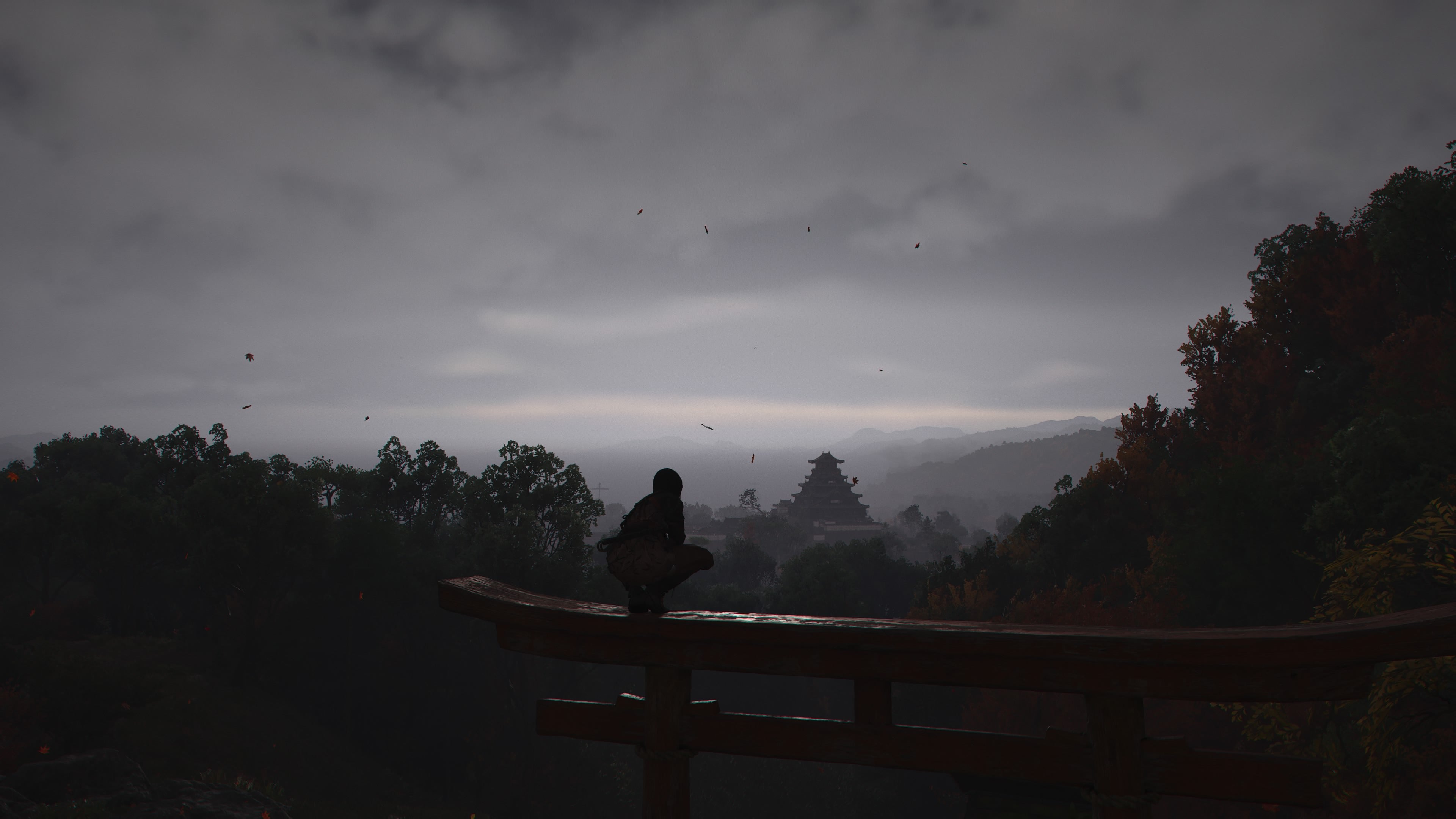 AC Shadows screenshot showing a perched Naoe looking out towards a distant Osaka castle through evening fog