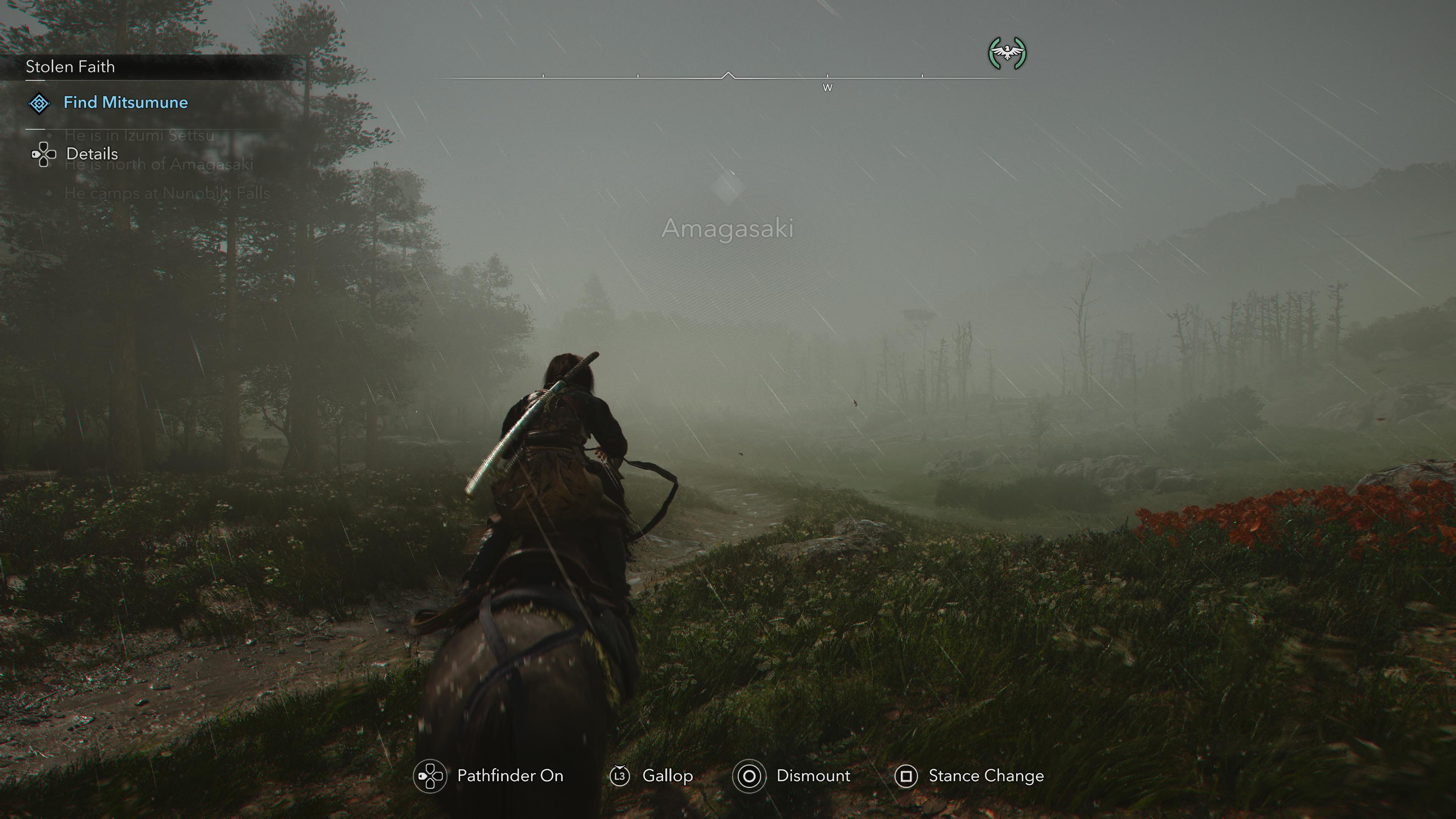 AC Shadows screenshot showing Naoe riding on horseback through fog