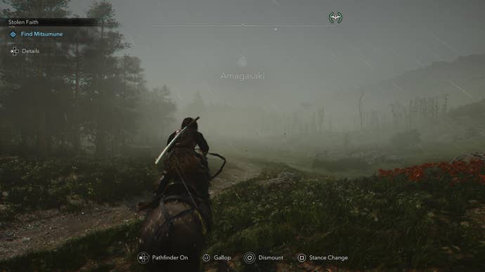 AC Shadows screenshot showing Naoe riding on horseback through fog