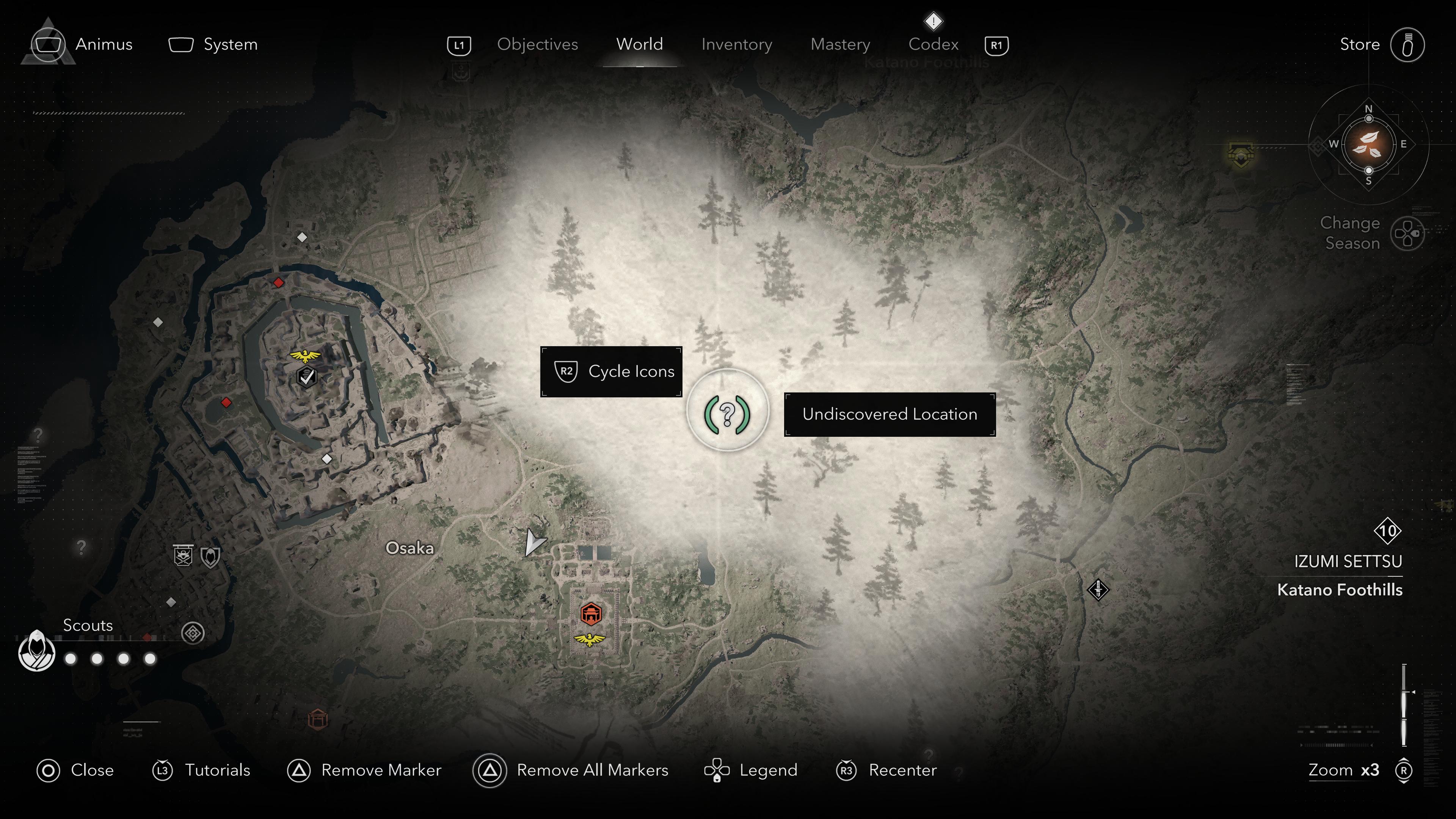 AC Shadows screenshot showing a map with question mark highlighted
