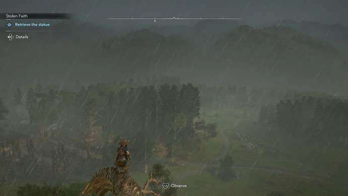 Naoe in a Viewpoint looking at dark skies and rain in Assassin’s Creed Shadows.