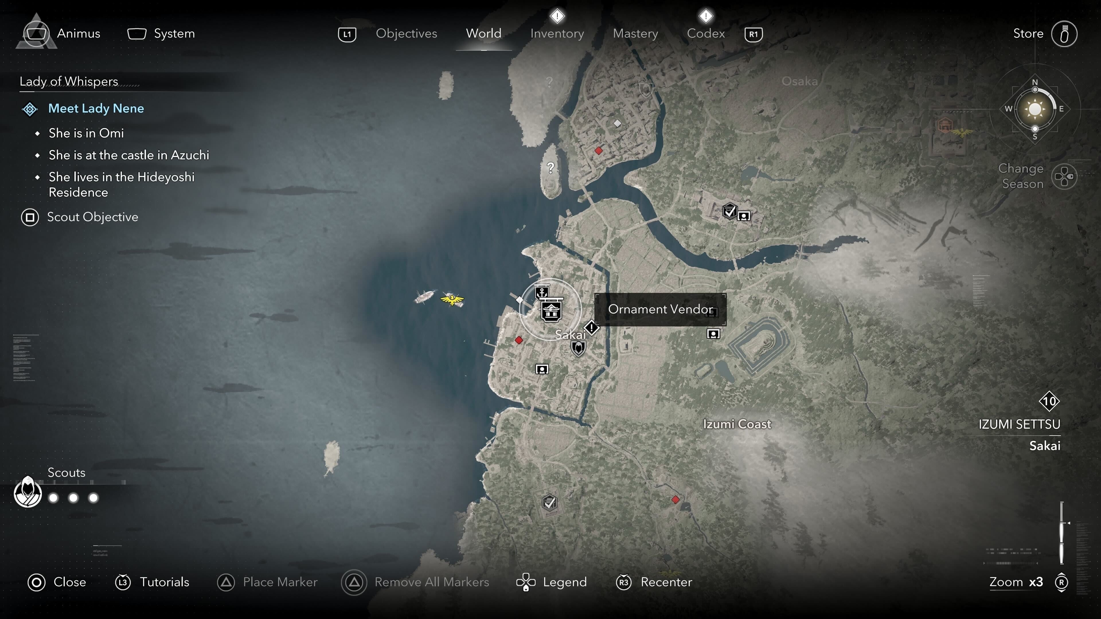 Map view of an Ornament Vendor&rsquo;s location who sells a tea bowl in Assassin&rsquo;s Creed Shadows.