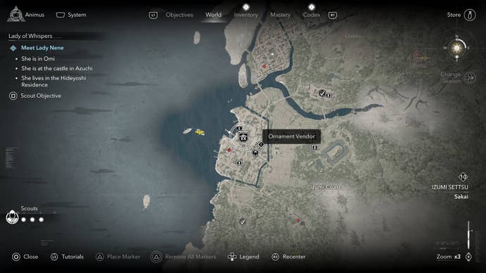 Map view of an Ornament Vendor’s location who sells a tea bowl in Assassin’s Creed Shadows.