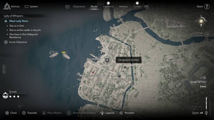 Map view of an Ornament Vendor’s location who sells a tea bowl in Assassin’s Creed Shadows.