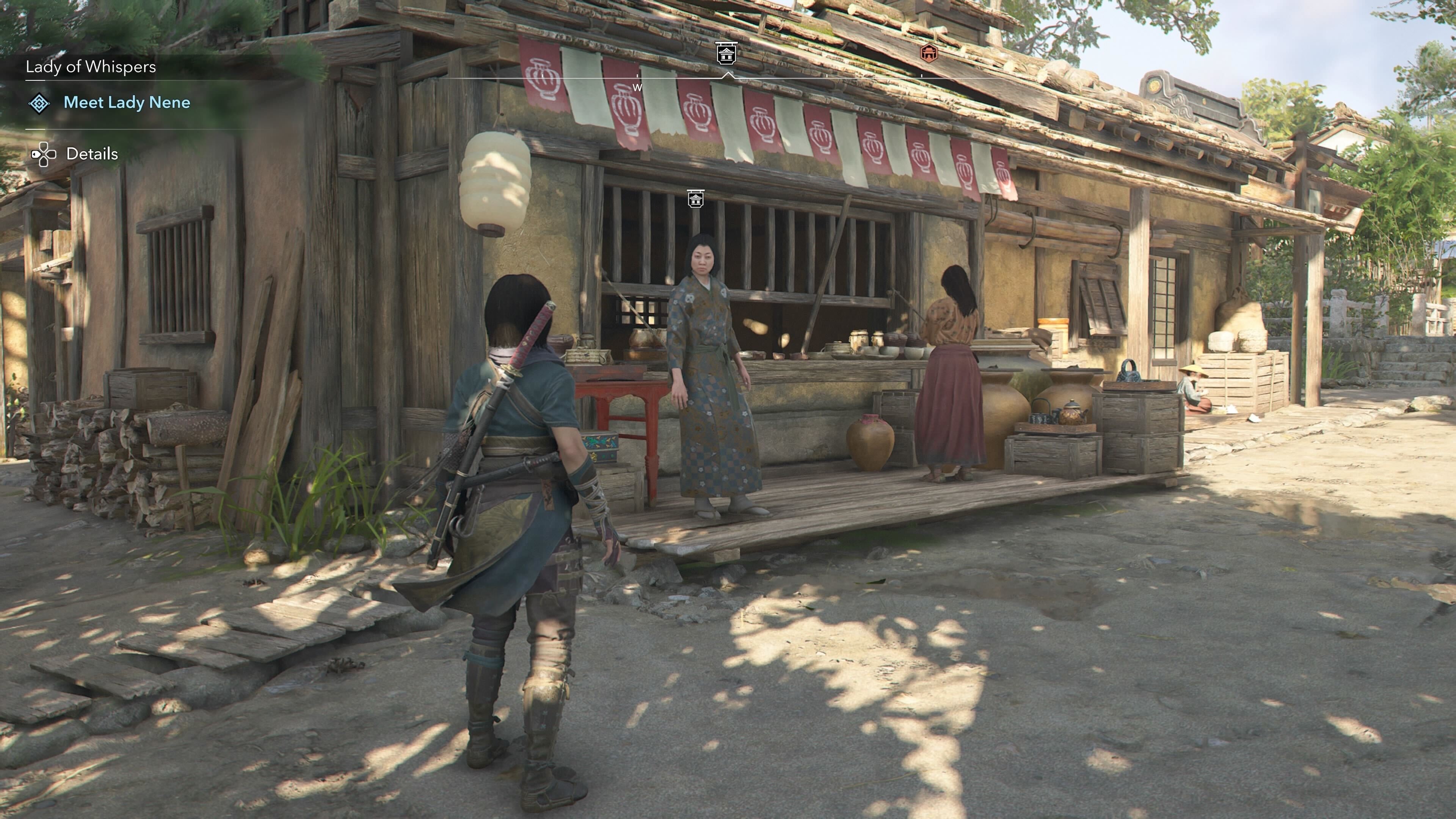 Naoe looking at an Ornament Vendor that sells a tea bowl in Assassin&rsquo;s Creed Shadows.