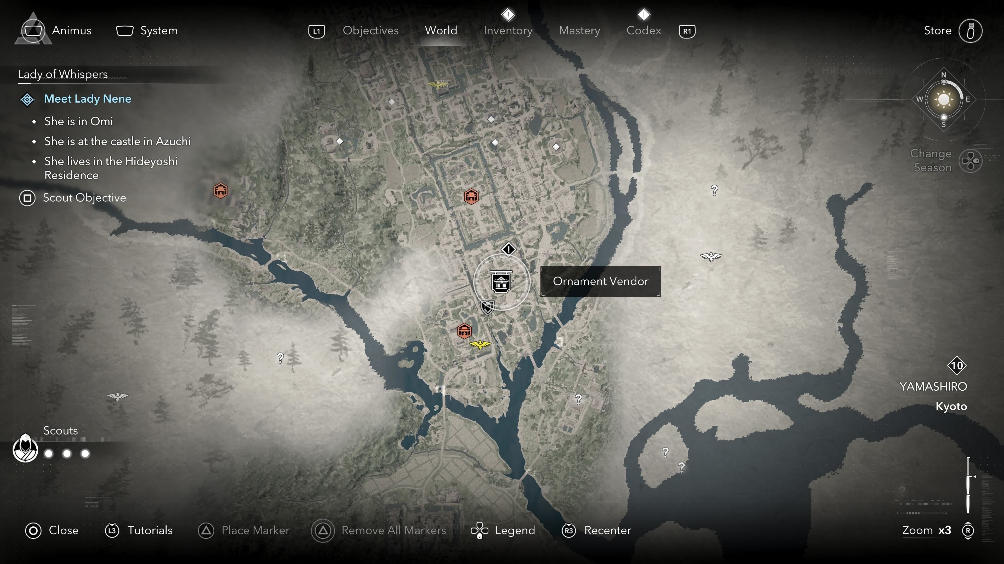 Map view of an Ornament Vendor&rsquo;s location who sells a tea bowl in Assassin&rsquo;s Creed Shadows.