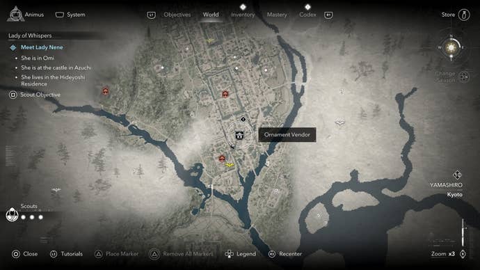 Map view of an Ornament Vendor’s location who sells a tea bowl in Assassin’s Creed Shadows.