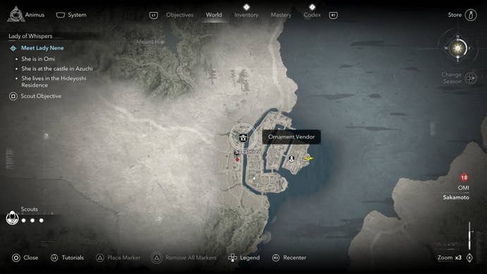 Map view of an Ornament Vendor’s location who sells a tea bowl in Assassin’s Creed Shadows.
