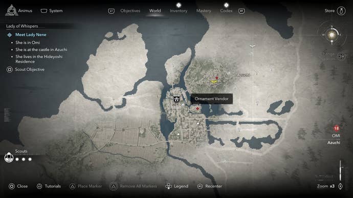 Map view of an Ornament Vendor’s location who sells a tea bowl in Assassin’s Creed Shadows.