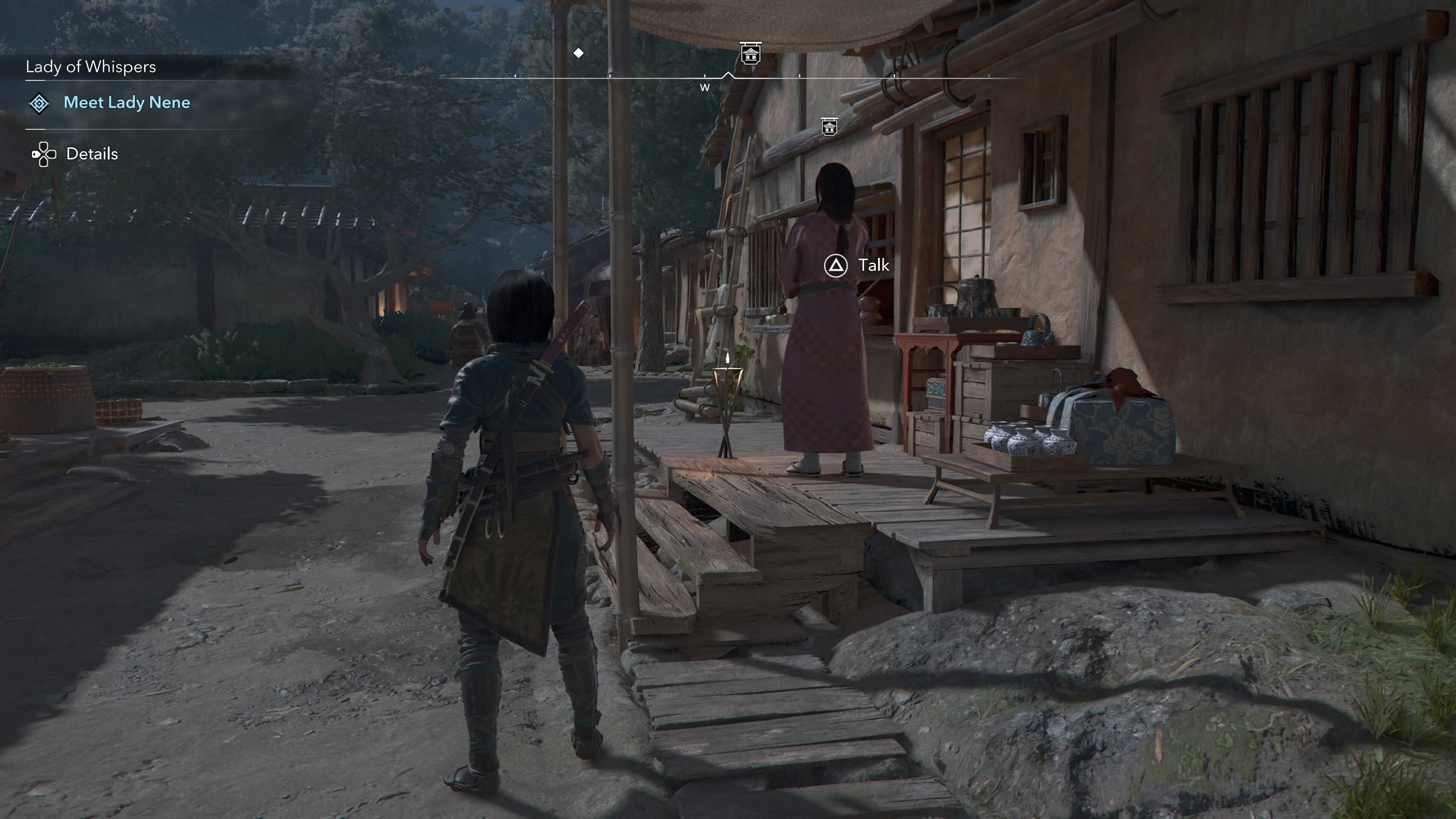 Naoe looking at an Ornament Vendor that sells a tea bowl in Assassin&rsquo;s Creed Shadows.