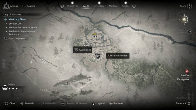 Map view of an Ornament Vendor’s location who sells a tea bowl in Assassin’s Creed Shadows.