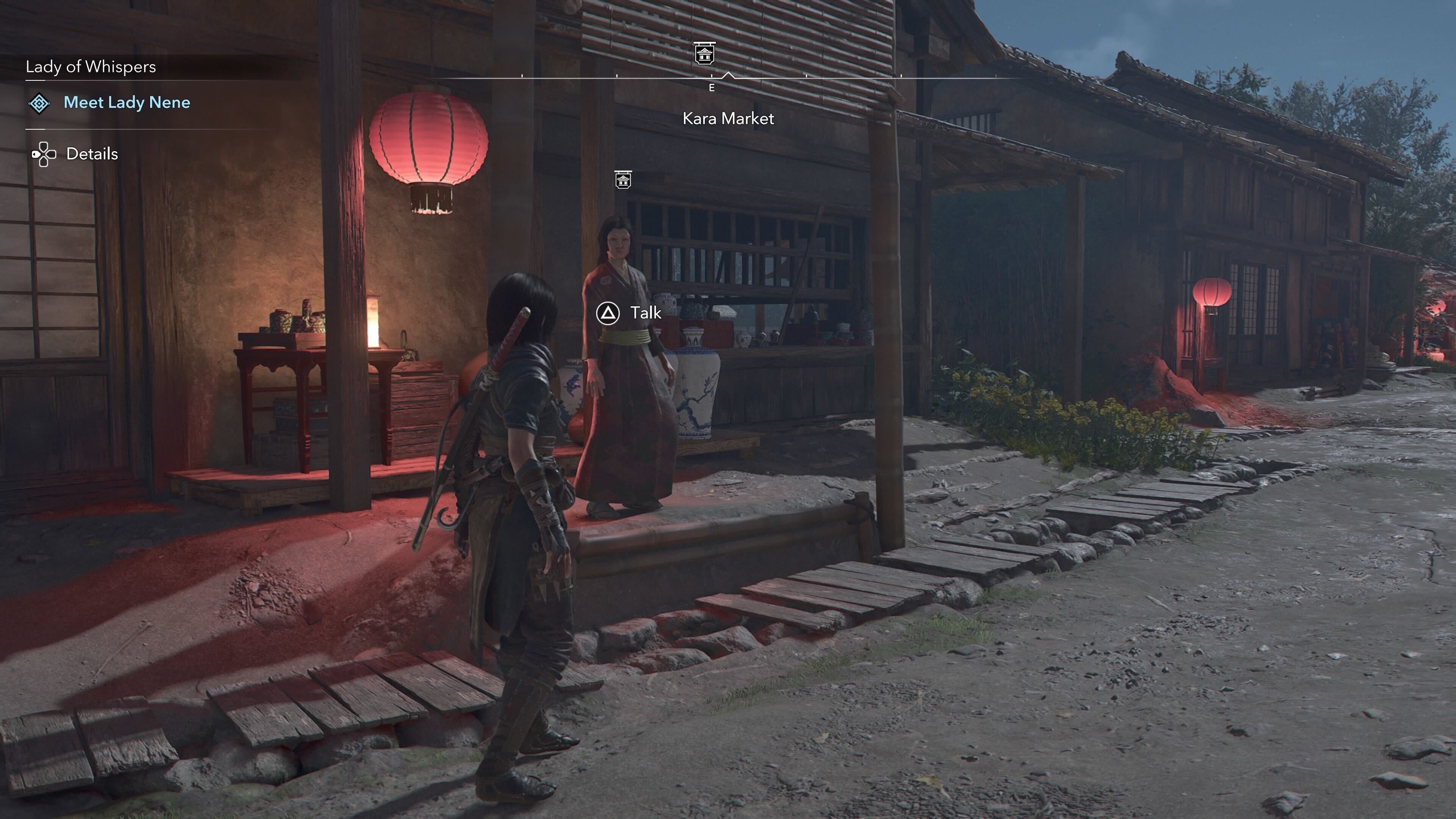 Naoe looking at an Ornament Vendor that sells a tea bowl in Assassin&rsquo;s Creed Shadows.