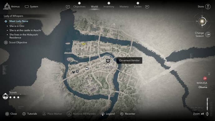 Map view of an Ornament Vendor’s location who sells a tea bowl in Assassin’s Creed Shadows.