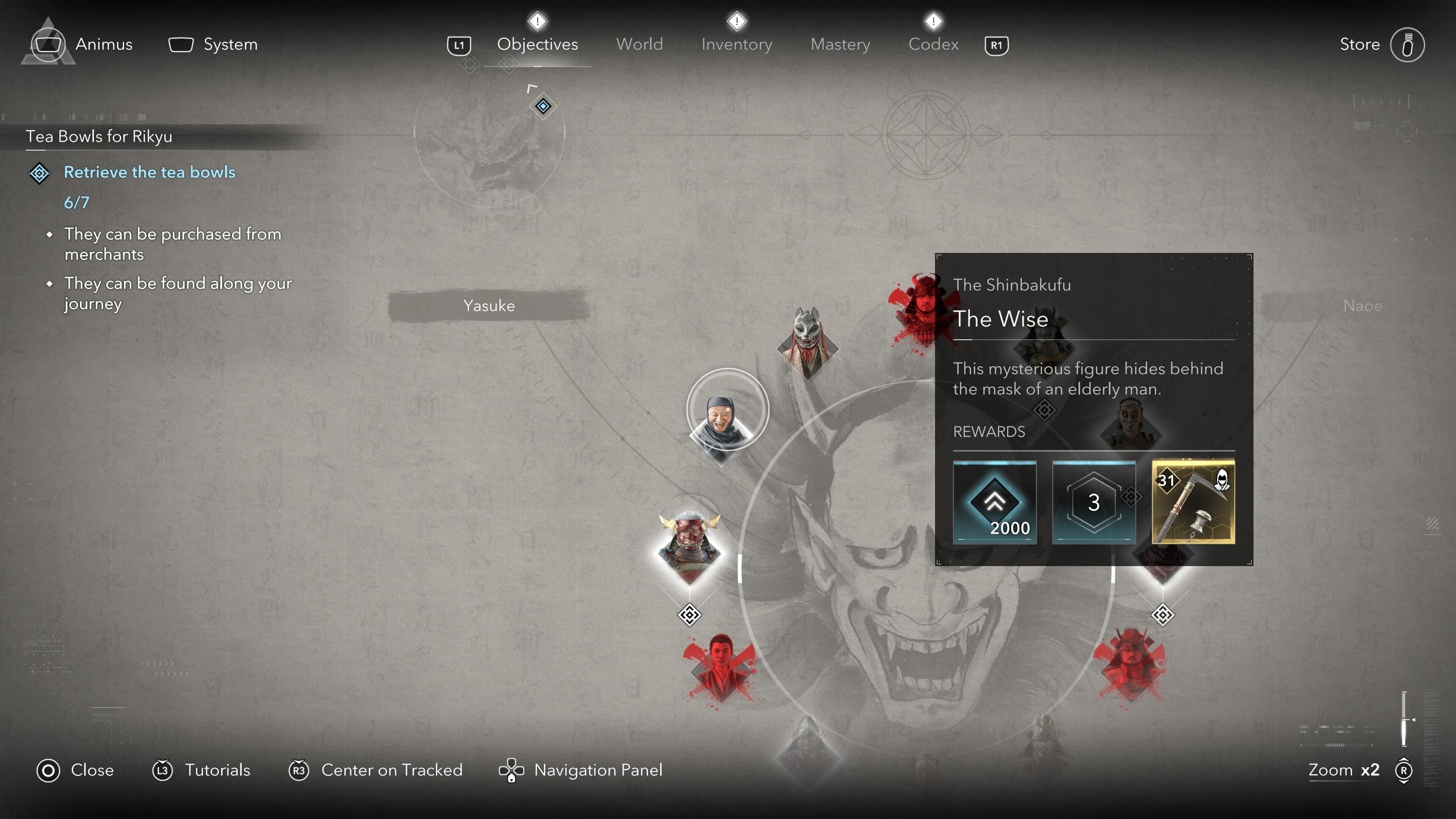 The Wise assassination target highlighted from the Objectives menu in Assassin&rsquo;s Creed Shadows.