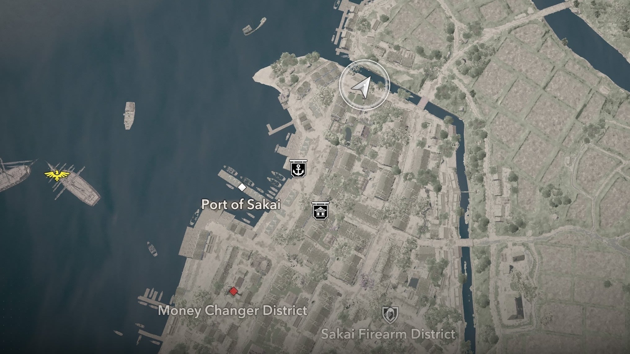 Map view of the tea merchant&rsquo;s location during The Perfect Gift quest in Assassin&rsquo;s Creed Shadows.