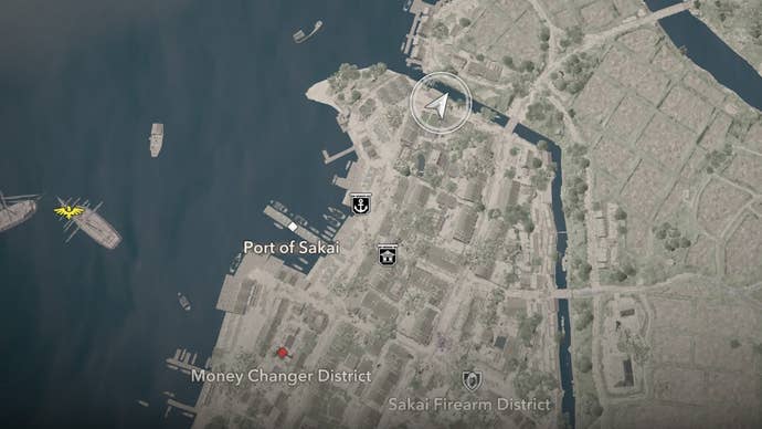 Map view of the tea merchant’s location during The Perfect Gift quest in Assassin’s Creed Shadows.