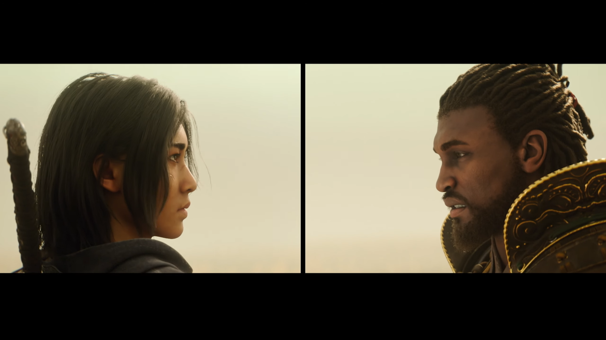Assassin&rsquo;s Creed Shadows screenshot showing Yasuke and Naoe facing each other.