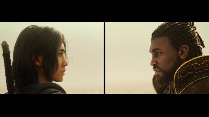 Assassin’s Creed Shadows screenshot showing Yasuke and Naoe facing each other.