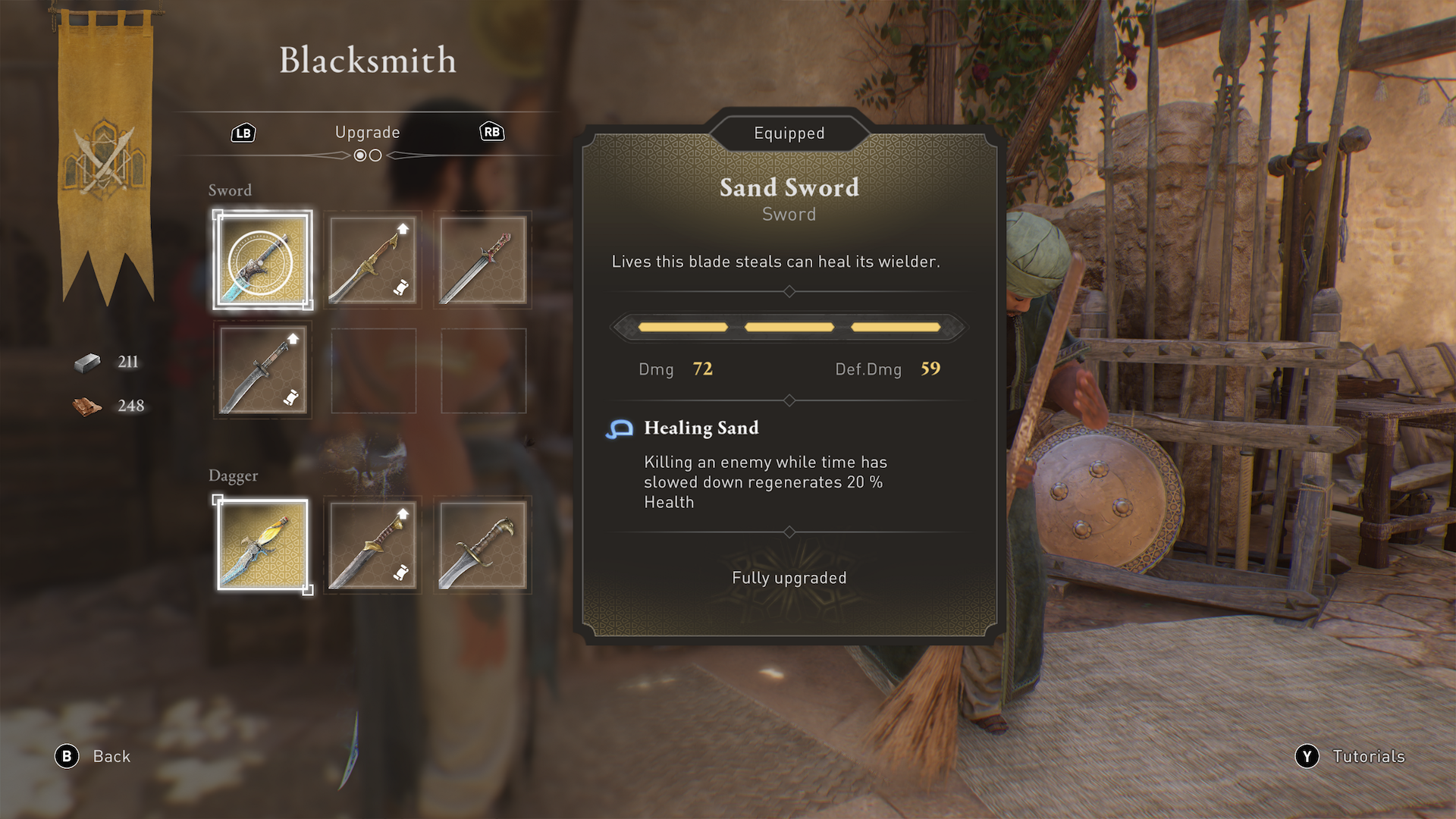 Basim fully upgrades a weapon at the Blacksmith in Assassin&rsquo;s Creed Mirage