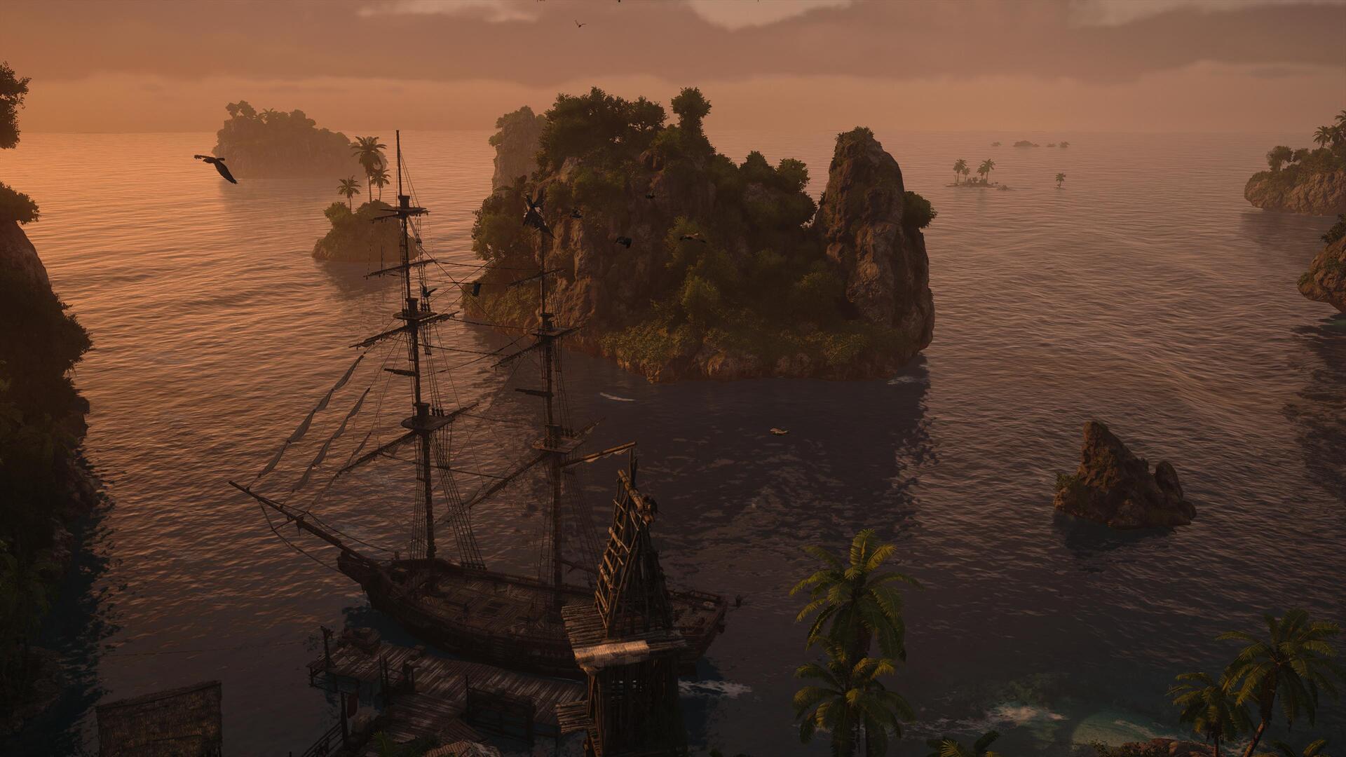 A docked ship is shown at sunset in Assassin's Creed Black Flag Resynced.