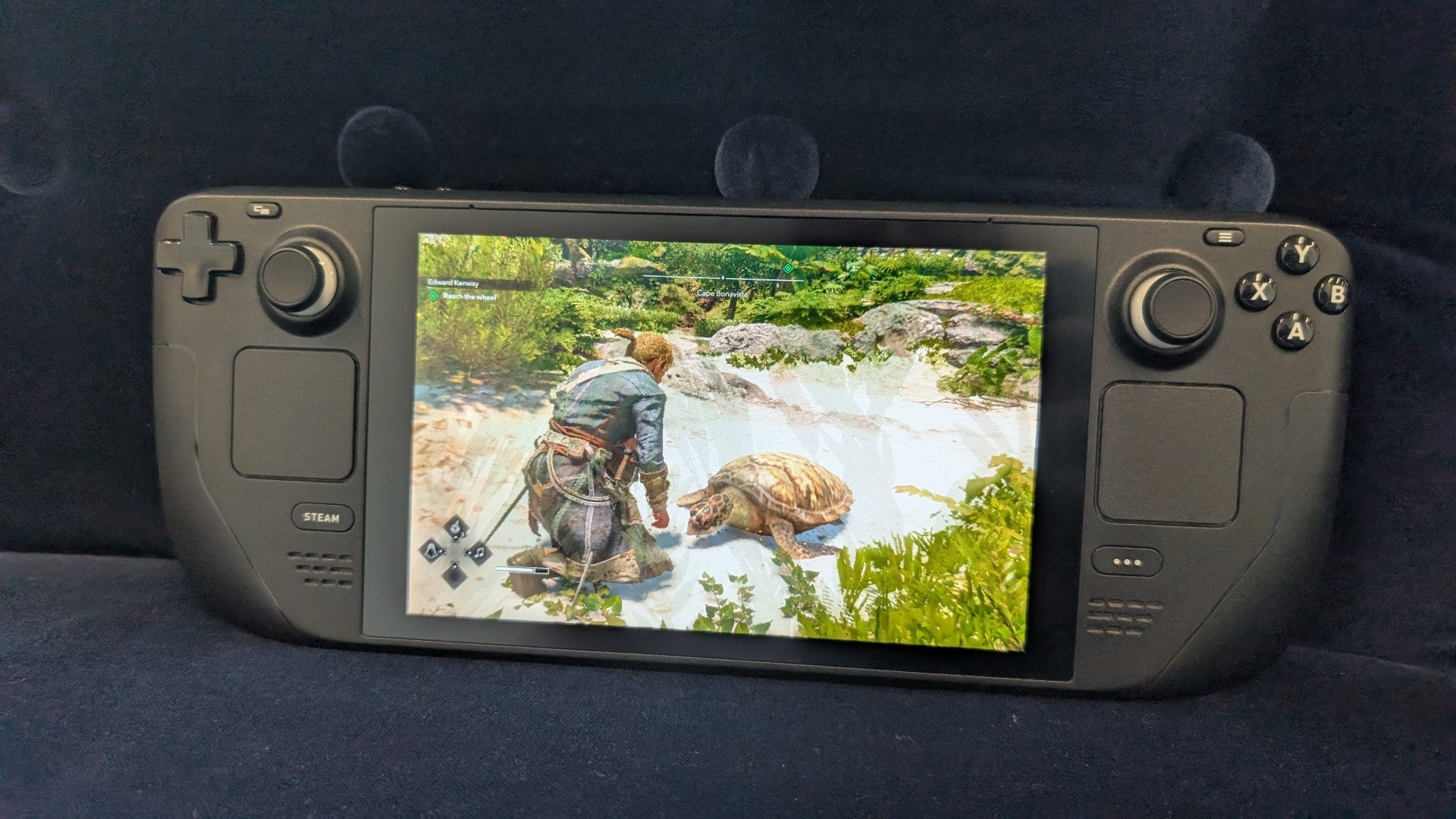 A Steam Deck running Black Flag Resynced, showing Edward feeding a turtle on a beach.