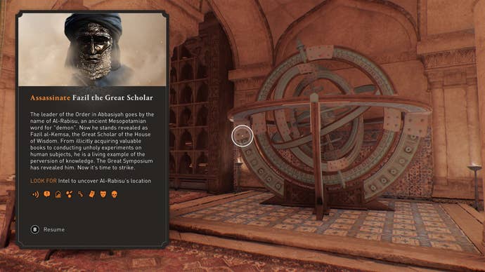 The 'Assassinate Fazil the Great Scholar' objective description is shown in Assassin's Creed Mirage