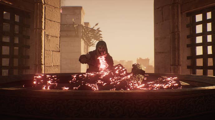 Basim lights a firepit in the Great Garrison to lure Wasif's guards outside in Assassin's Creed Mirage