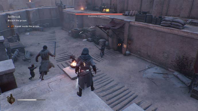 Basim hires mercenaries to fight the Damascus Gate Prison guards in Assassin's Creed Mirage