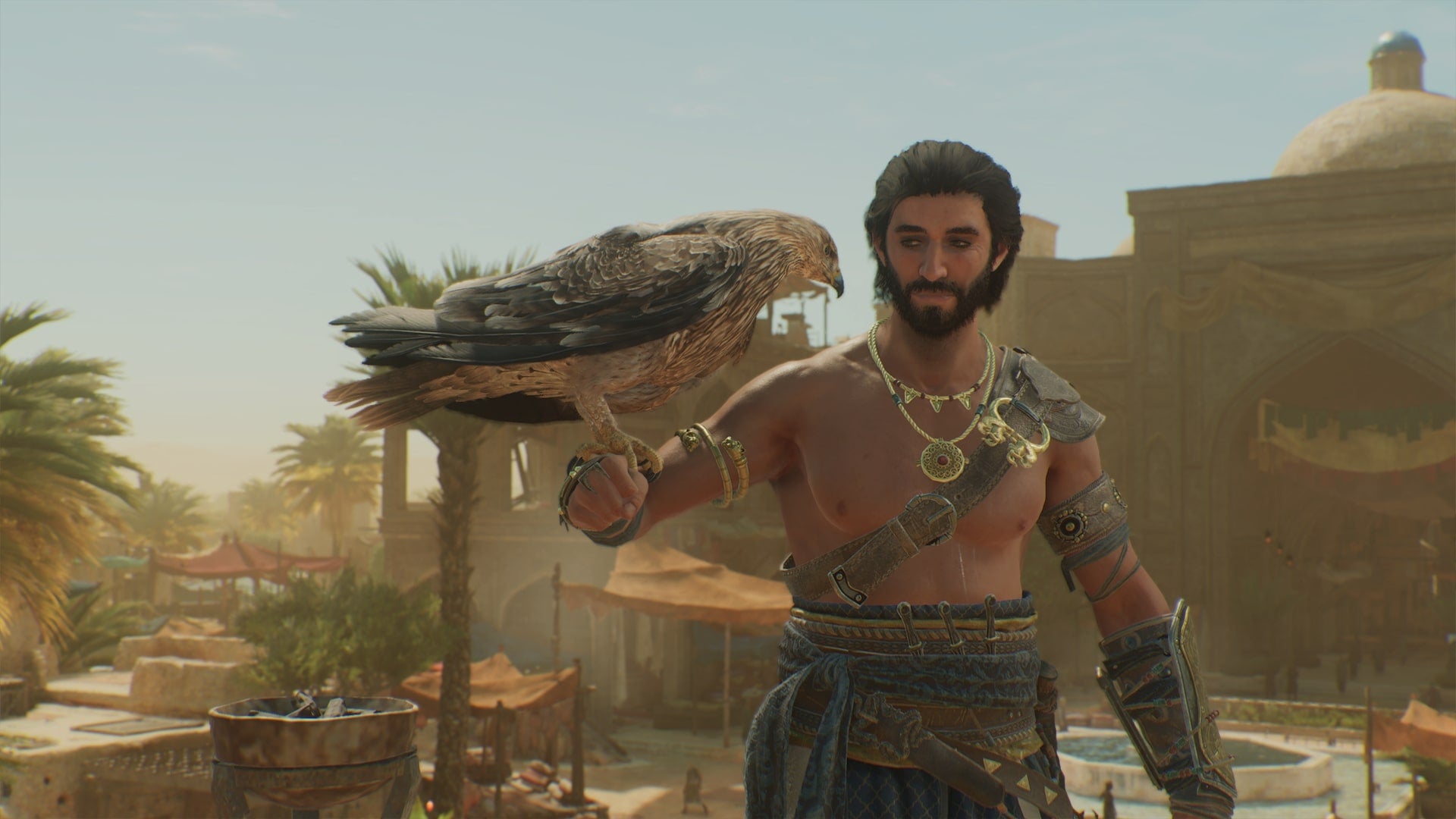 Basim holds bird, Enkidu, in Assassin's Creed Mirage - 1