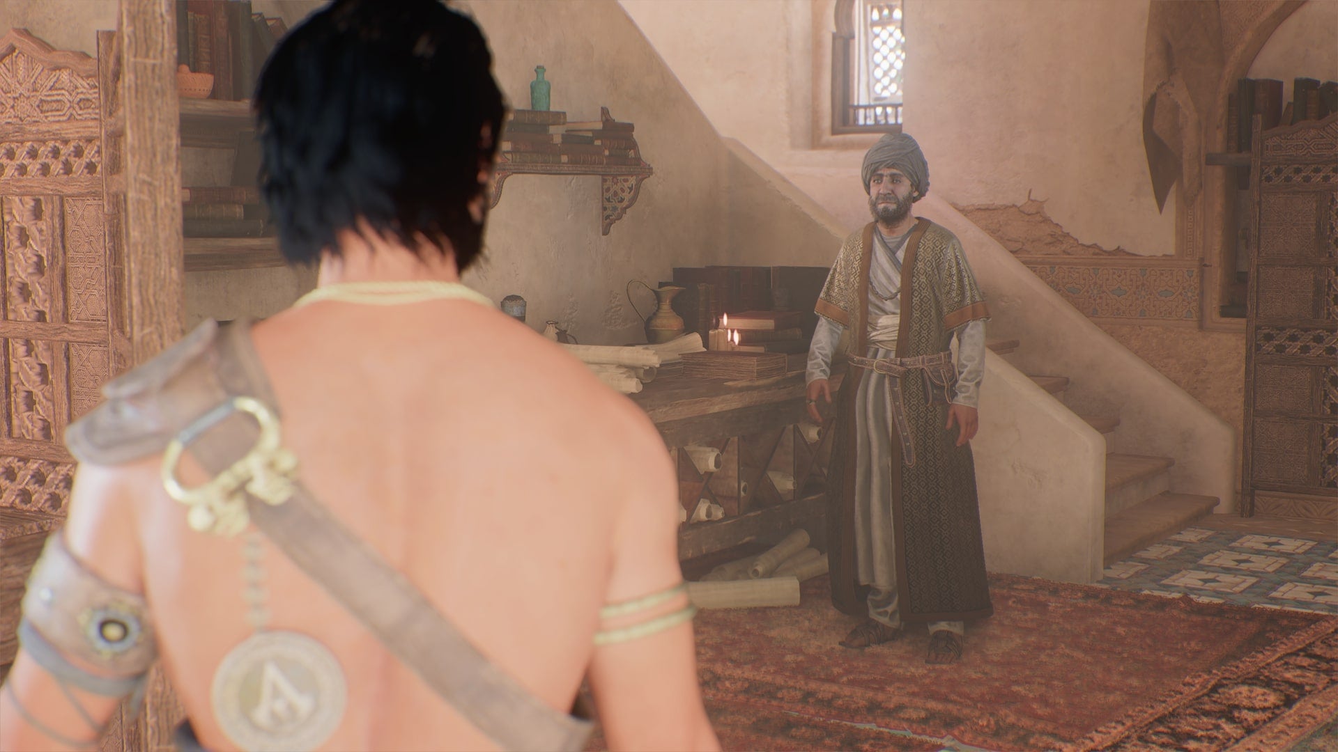 Basim speaks with Ahmad's assistant, Hamid, in his office in Assassin's Creed Mirage - 1