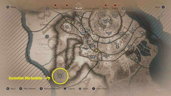 A map of Baghdad in Assassin's Creed Mirage, with a circle pointing out where players can find the Excavation Site