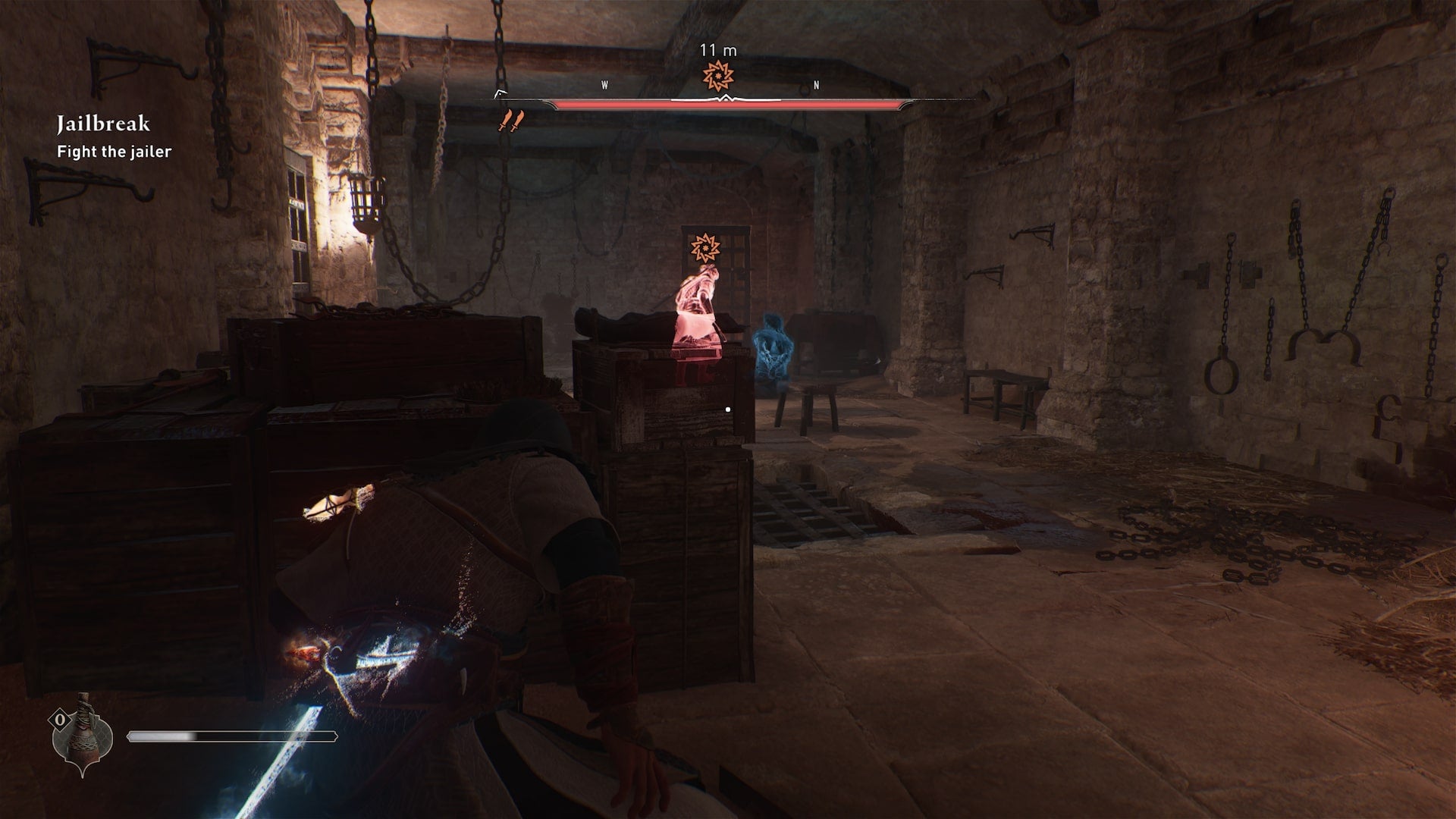 Basim hides behind a crate in Ali's cell in the Damascus Gate Prison, where a guard taunts Ali in Assassin's Creed Mirage - 6