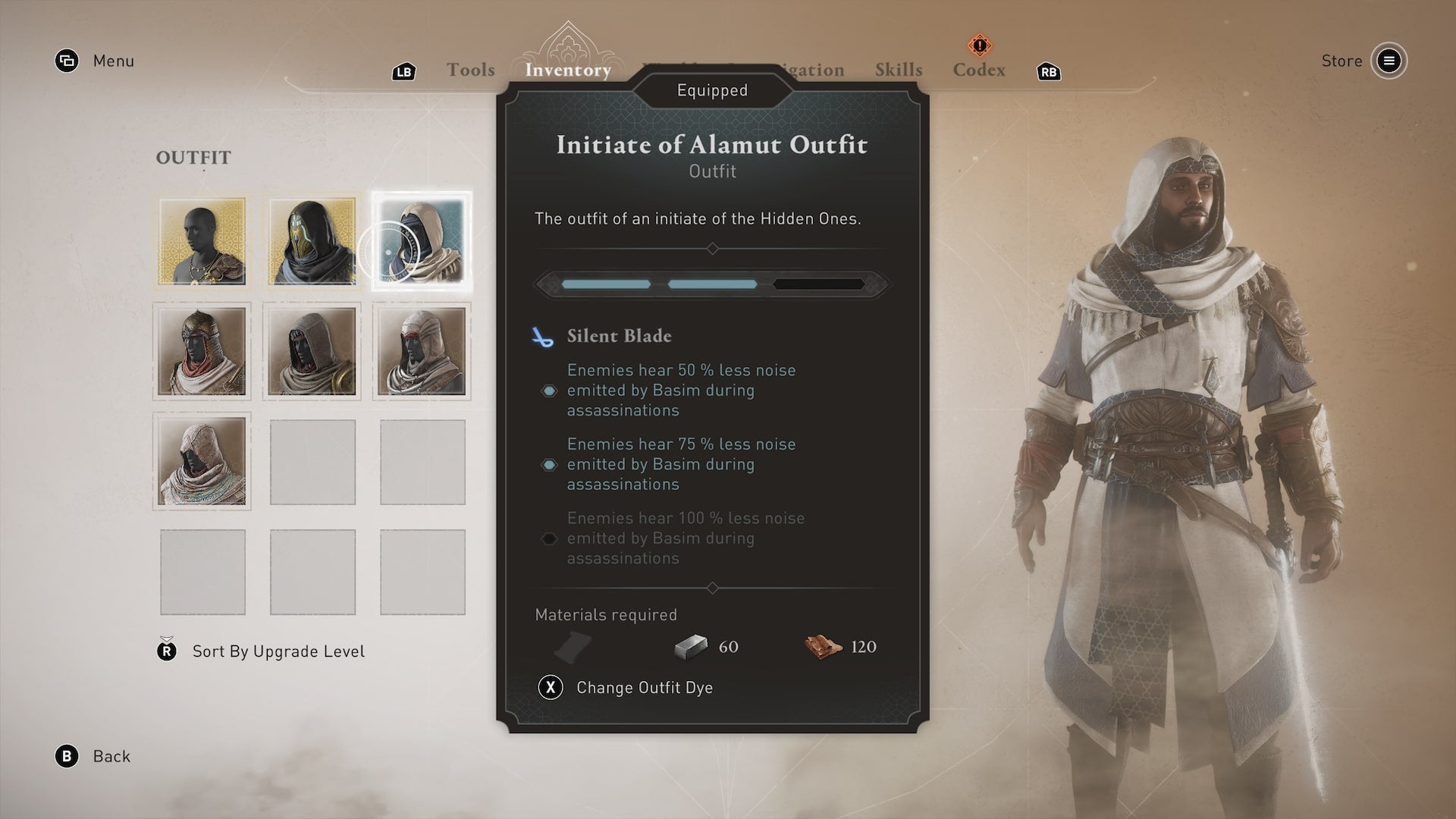 Basim wears the Initiate of Alamut outfit in the inventory menu in Assassin's Creed Mirage - 3