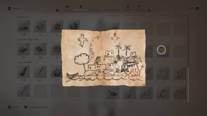 An enigma clue that shows a drawing of a small village by the water in Assassin's Creed Mirage