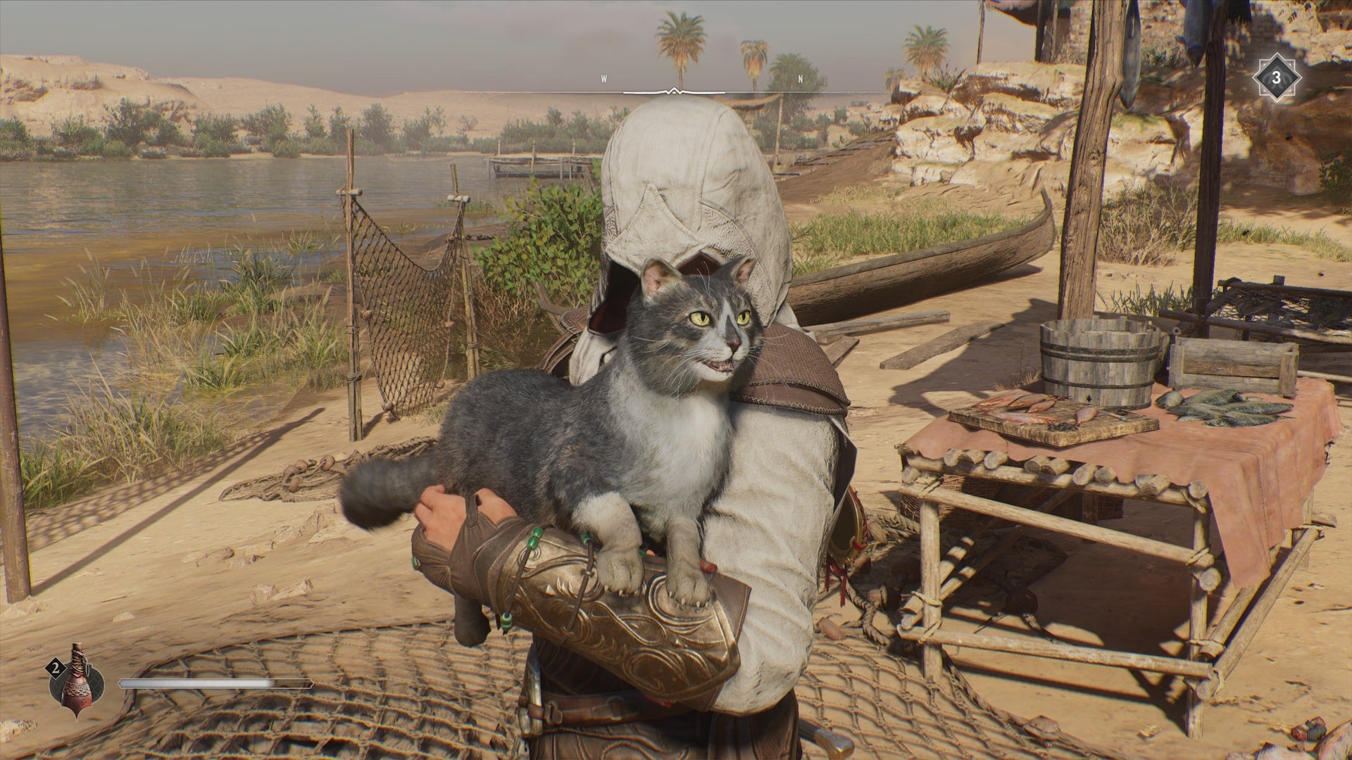 Basim pets a cat in the Abandoned Village in Assassin's Creed Mirage - 1