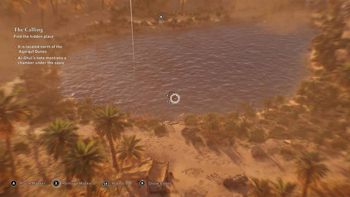 A quest marker is shown in a middle of a lake, as spotted by Enkidu in Assassin's Creed Mirage