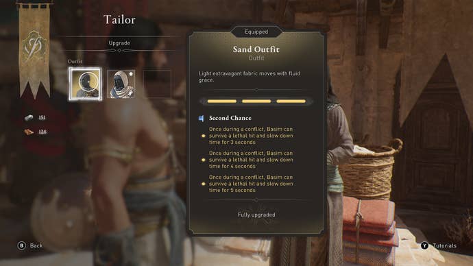 Basim fully upgrades an outfit with a Tailor in Assassin's Creed Mirage