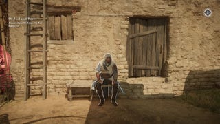Basim sits on a bench and blends in, in Assassin's Creed Mirage